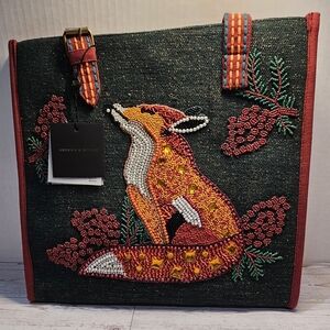 Artistic Beaded Fox Tote Bag - Red and Green